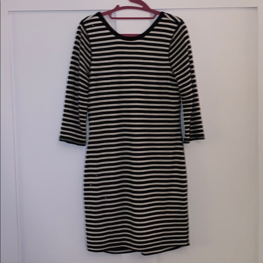 Express - Navy 3/4 Sleeve Striped Fitted Dress (M)